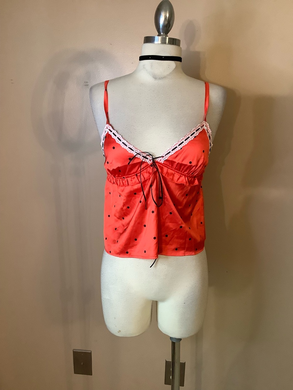 Unbranded Sexy Red & Black Polka Dot Lace Trim Y2K Cami Tank Top Small
